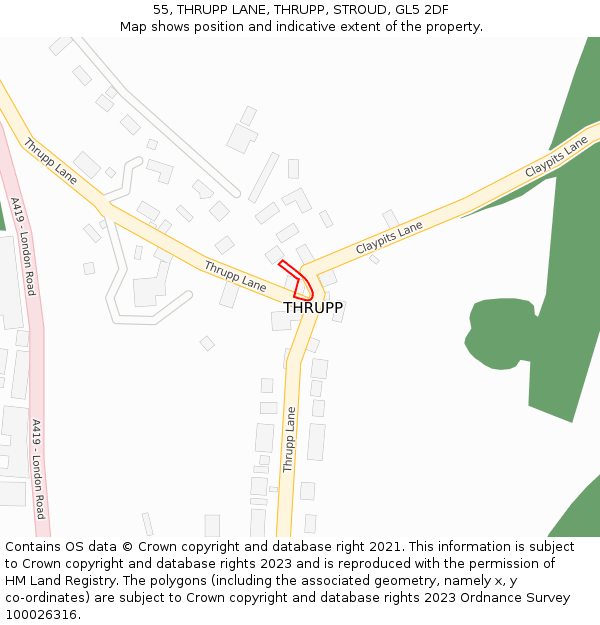 55, THRUPP LANE, THRUPP, STROUD, GL5 2DF: Location map and indicative extent of plot