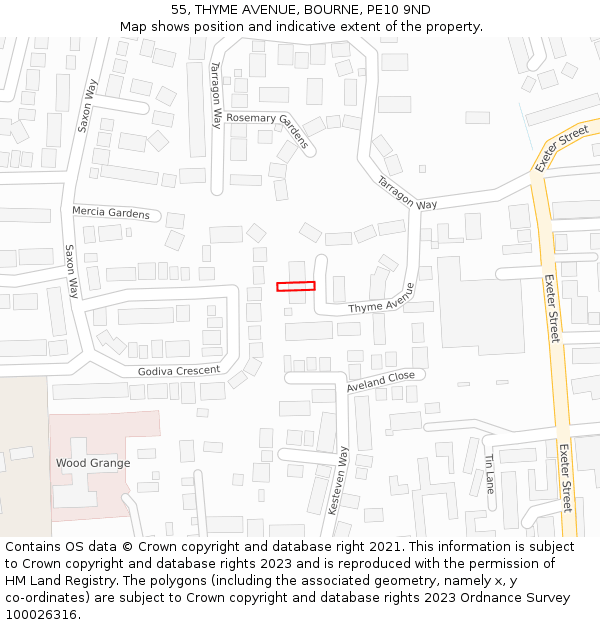55, THYME AVENUE, BOURNE, PE10 9ND: Location map and indicative extent of plot