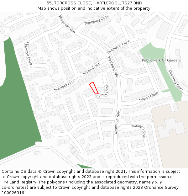 55, TORCROSS CLOSE, HARTLEPOOL, TS27 3ND: Location map and indicative extent of plot