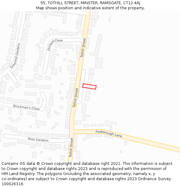 55, TOTHILL STREET, MINSTER, RAMSGATE, CT12 4AJ: Location map and indicative extent of plot