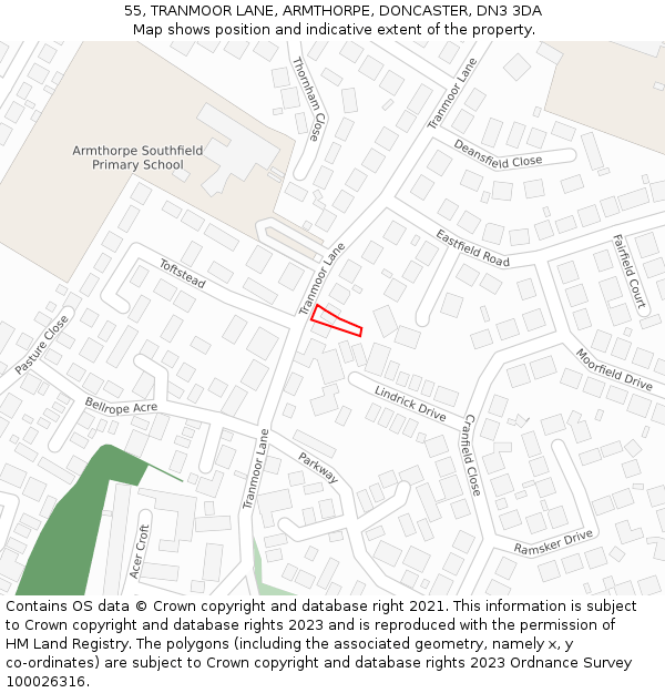 55, TRANMOOR LANE, ARMTHORPE, DONCASTER, DN3 3DA: Location map and indicative extent of plot