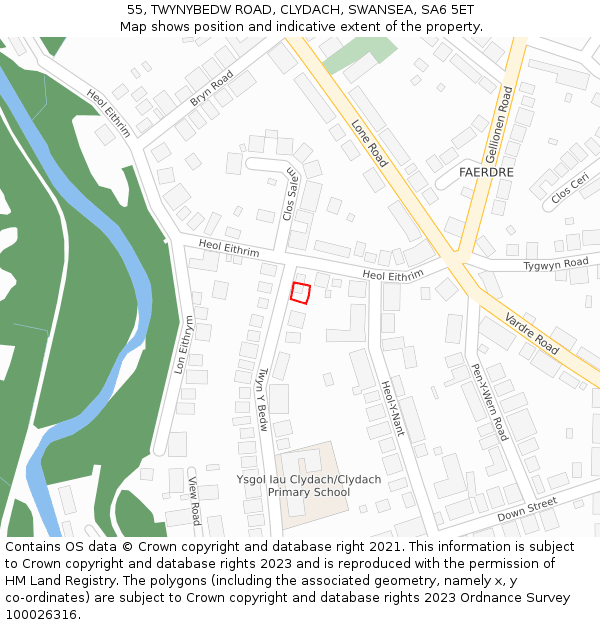 55, TWYNYBEDW ROAD, CLYDACH, SWANSEA, SA6 5ET: Location map and indicative extent of plot