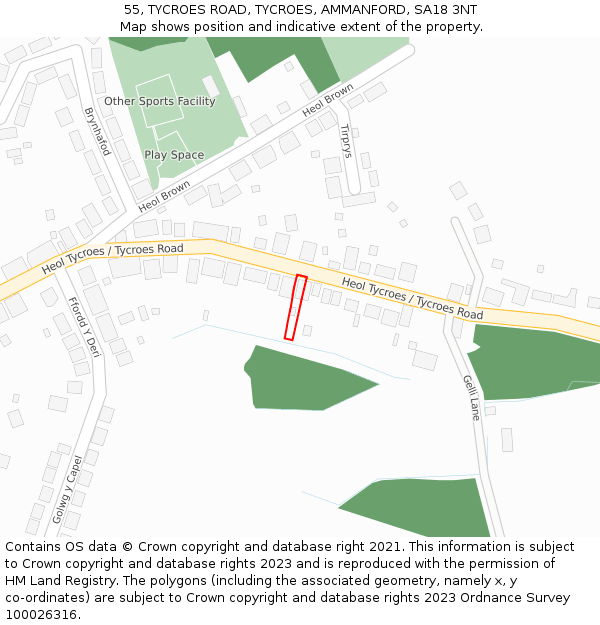 55, TYCROES ROAD, TYCROES, AMMANFORD, SA18 3NT: Location map and indicative extent of plot