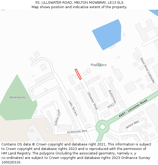 55, ULLSWATER ROAD, MELTON MOWBRAY, LE13 0LS: Location map and indicative extent of plot
