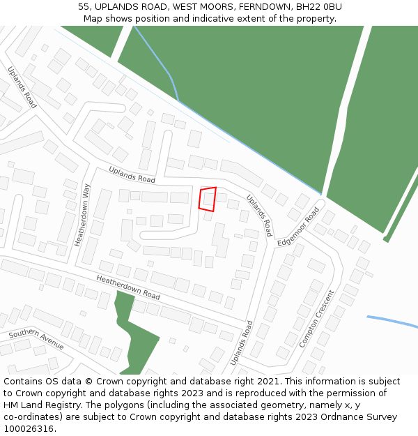 55, UPLANDS ROAD, WEST MOORS, FERNDOWN, BH22 0BU: Location map and indicative extent of plot