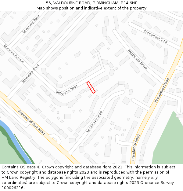 55, VALBOURNE ROAD, BIRMINGHAM, B14 6NE: Location map and indicative extent of plot