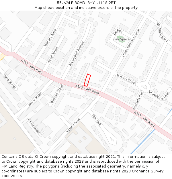 55, VALE ROAD, RHYL, LL18 2BT: Location map and indicative extent of plot