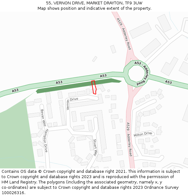 55, VERNON DRIVE, MARKET DRAYTON, TF9 3UW: Location map and indicative extent of plot