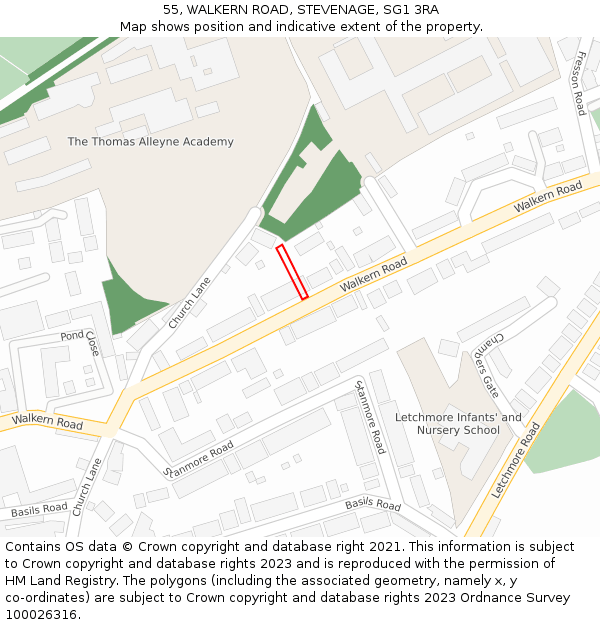 55, WALKERN ROAD, STEVENAGE, SG1 3RA: Location map and indicative extent of plot