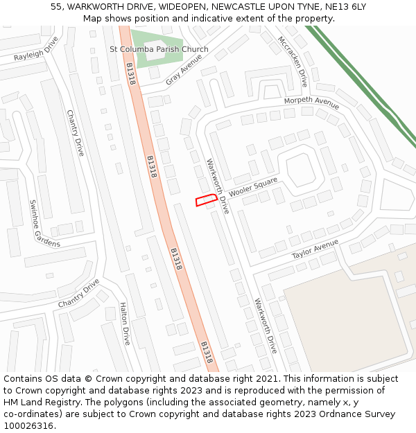 55, WARKWORTH DRIVE, WIDEOPEN, NEWCASTLE UPON TYNE, NE13 6LY: Location map and indicative extent of plot