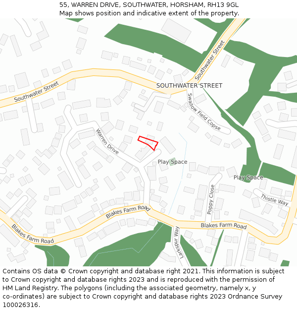 55, WARREN DRIVE, SOUTHWATER, HORSHAM, RH13 9GL: Location map and indicative extent of plot