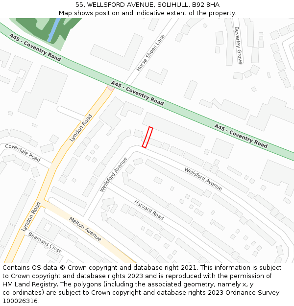 55, WELLSFORD AVENUE, SOLIHULL, B92 8HA: Location map and indicative extent of plot