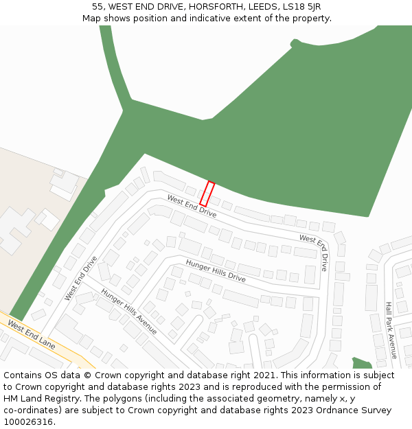 55, WEST END DRIVE, HORSFORTH, LEEDS, LS18 5JR: Location map and indicative extent of plot