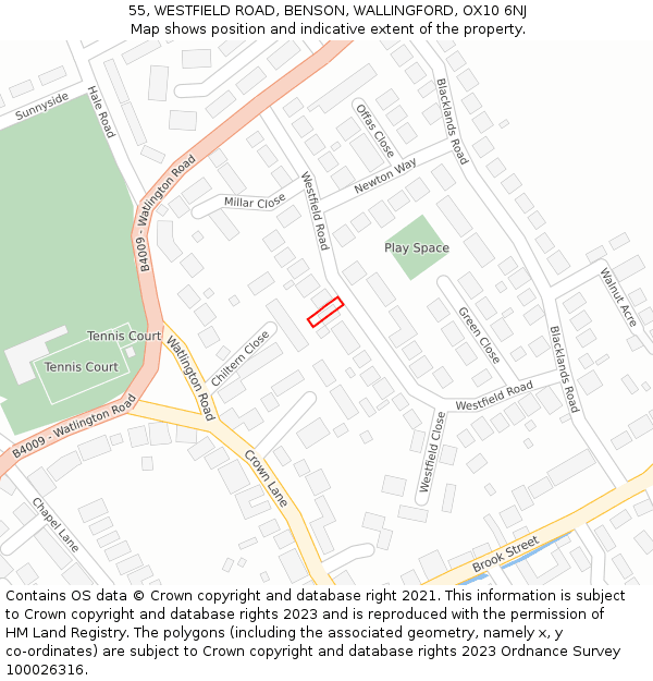 55, WESTFIELD ROAD, BENSON, WALLINGFORD, OX10 6NJ: Location map and indicative extent of plot