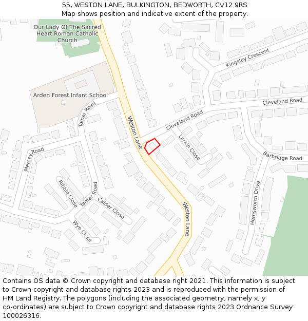 55, WESTON LANE, BULKINGTON, BEDWORTH, CV12 9RS: Location map and indicative extent of plot