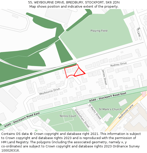 55, WEYBOURNE DRIVE, BREDBURY, STOCKPORT, SK6 2DN: Location map and indicative extent of plot