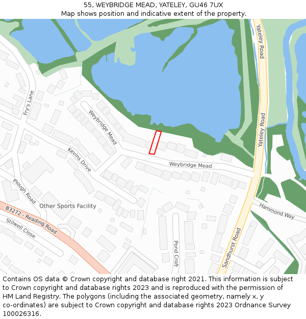 55, WEYBRIDGE MEAD, YATELEY, GU46 7UX: Location map and indicative extent of plot