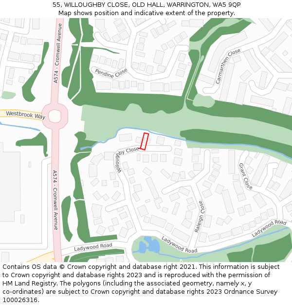 55, WILLOUGHBY CLOSE, OLD HALL, WARRINGTON, WA5 9QP: Location map and indicative extent of plot