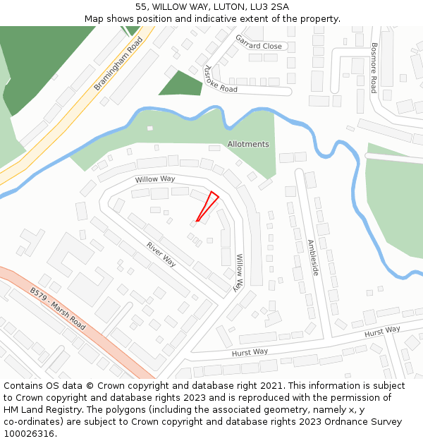 55, WILLOW WAY, LUTON, LU3 2SA: Location map and indicative extent of plot