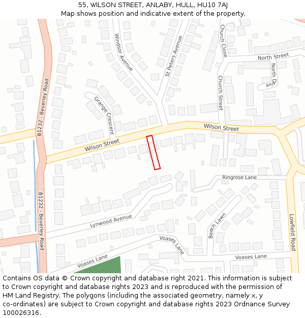 55, WILSON STREET, ANLABY, HULL, HU10 7AJ: Location map and indicative extent of plot