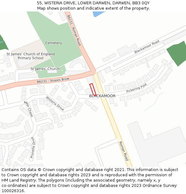 55, WISTERIA DRIVE, LOWER DARWEN, DARWEN, BB3 0QY: Location map and indicative extent of plot