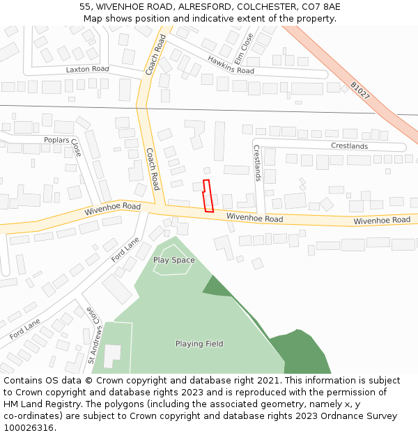 55, WIVENHOE ROAD, ALRESFORD, COLCHESTER, CO7 8AE: Location map and indicative extent of plot