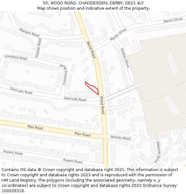 55, WOOD ROAD, CHADDESDEN, DERBY, DE21 4LY: Location map and indicative extent of plot