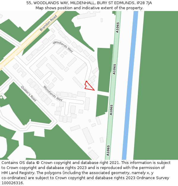 55, WOODLANDS WAY, MILDENHALL, BURY ST EDMUNDS, IP28 7JA: Location map and indicative extent of plot