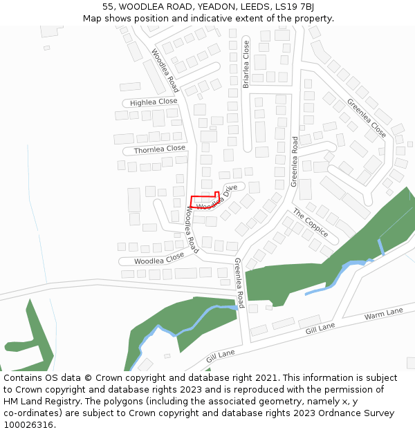 55, WOODLEA ROAD, YEADON, LEEDS, LS19 7BJ: Location map and indicative extent of plot