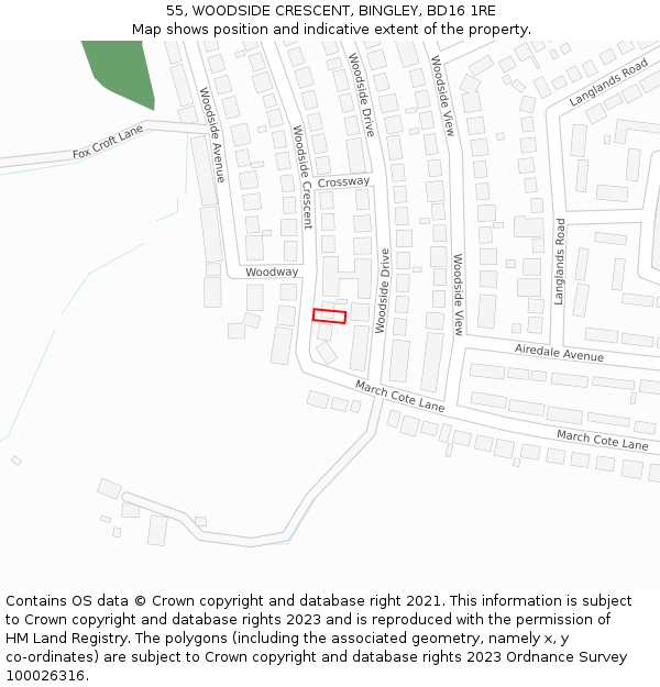 55, WOODSIDE CRESCENT, BINGLEY, BD16 1RE: Location map and indicative extent of plot