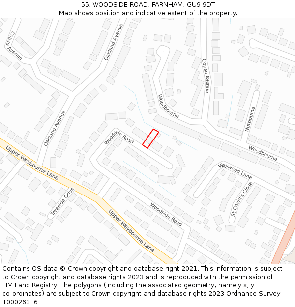 55, WOODSIDE ROAD, FARNHAM, GU9 9DT: Location map and indicative extent of plot