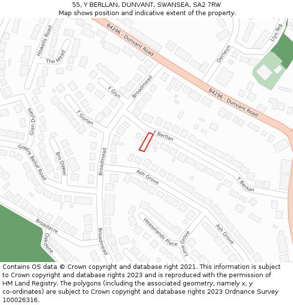 55, Y BERLLAN, DUNVANT, SWANSEA, SA2 7RW: Location map and indicative extent of plot