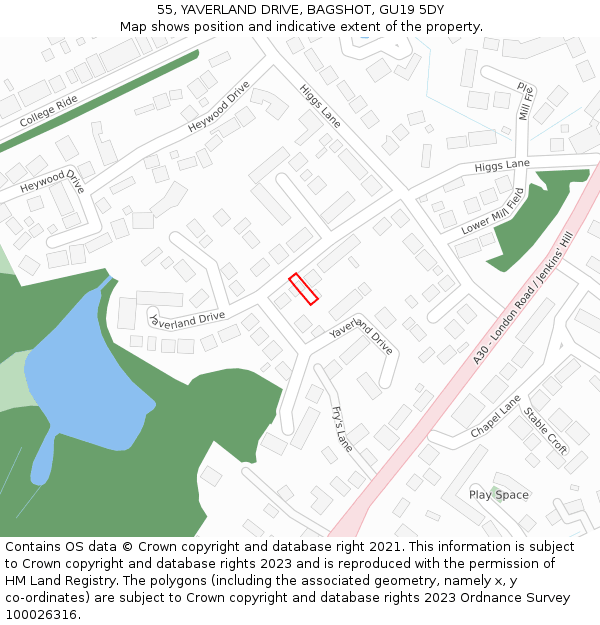 55, YAVERLAND DRIVE, BAGSHOT, GU19 5DY: Location map and indicative extent of plot