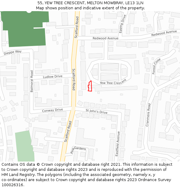 55, YEW TREE CRESCENT, MELTON MOWBRAY, LE13 1LN: Location map and indicative extent of plot