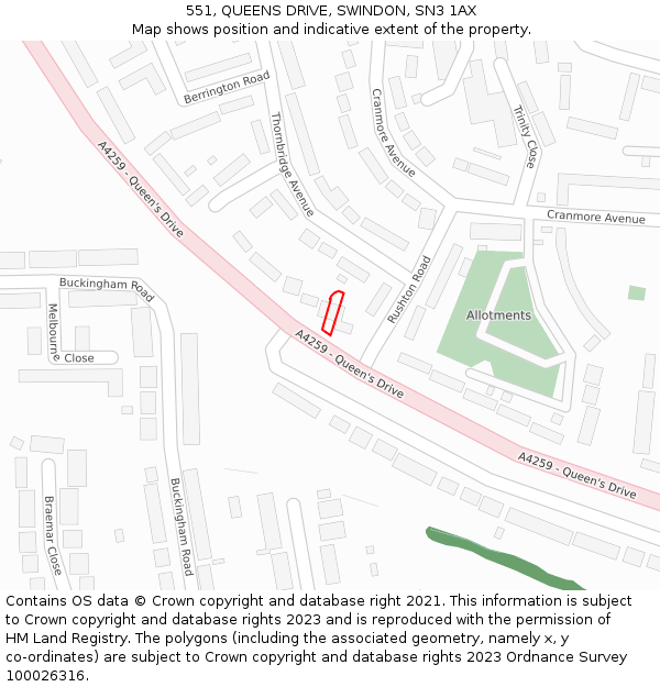 551, QUEENS DRIVE, SWINDON, SN3 1AX: Location map and indicative extent of plot