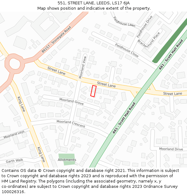 551, STREET LANE, LEEDS, LS17 6JA: Location map and indicative extent of plot