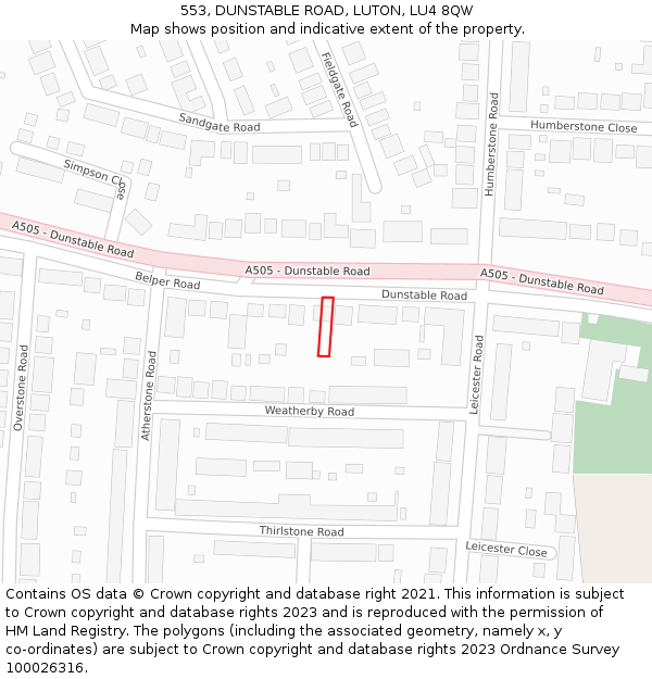 553, DUNSTABLE ROAD, LUTON, LU4 8QW: Location map and indicative extent of plot