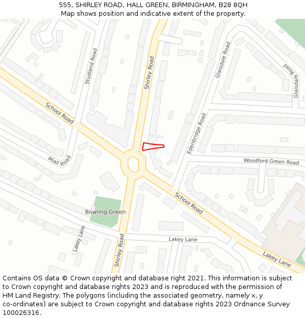 555, SHIRLEY ROAD, HALL GREEN, BIRMINGHAM, B28 8QH: Location map and indicative extent of plot