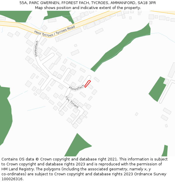 55A, PARC GWERNEN, FFOREST FACH, TYCROES, AMMANFORD, SA18 3PR: Location map and indicative extent of plot