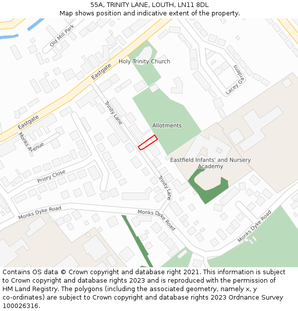 55A, TRINITY LANE, LOUTH, LN11 8DL: Location map and indicative extent of plot