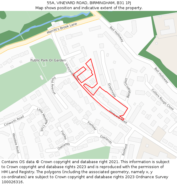 55A, VINEYARD ROAD, BIRMINGHAM, B31 1PJ: Location map and indicative extent of plot