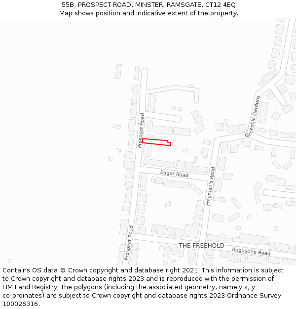 55B, PROSPECT ROAD, MINSTER, RAMSGATE, CT12 4EQ: Location map and indicative extent of plot