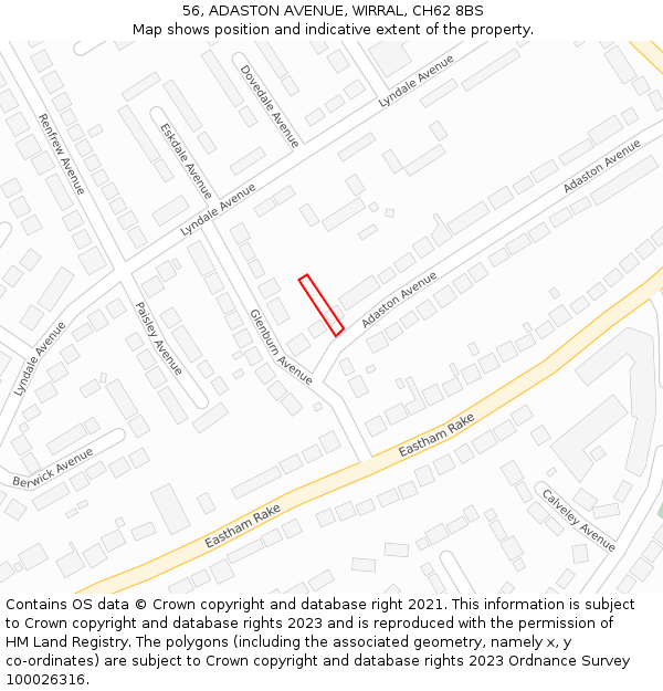 56, ADASTON AVENUE, WIRRAL, CH62 8BS: Location map and indicative extent of plot