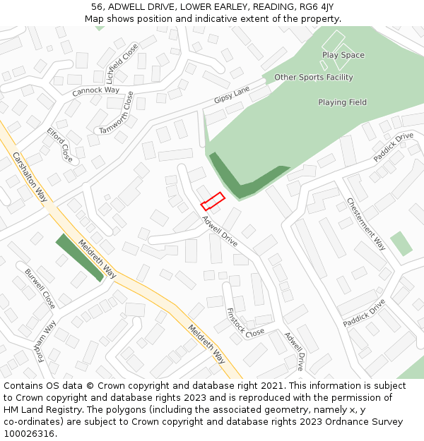 56, ADWELL DRIVE, LOWER EARLEY, READING, RG6 4JY: Location map and indicative extent of plot