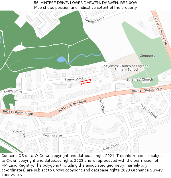 56, AINTREE DRIVE, LOWER DARWEN, DARWEN, BB3 0QW: Location map and indicative extent of plot