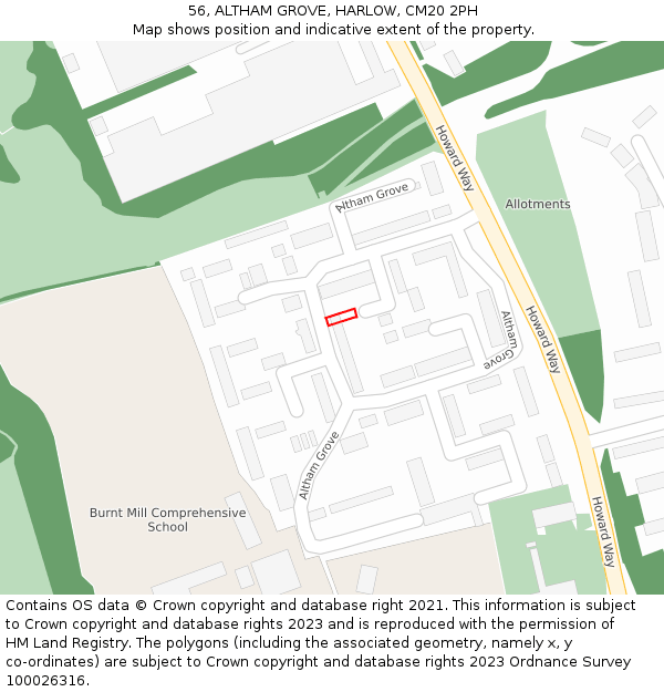 56, ALTHAM GROVE, HARLOW, CM20 2PH: Location map and indicative extent of plot