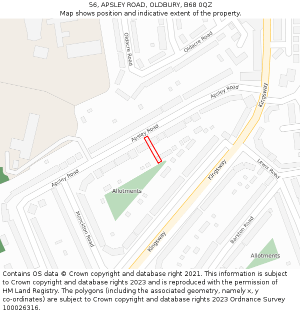 56, APSLEY ROAD, OLDBURY, B68 0QZ: Location map and indicative extent of plot