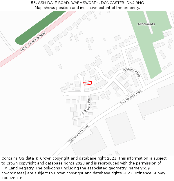 56, ASH DALE ROAD, WARMSWORTH, DONCASTER, DN4 9NG: Location map and indicative extent of plot