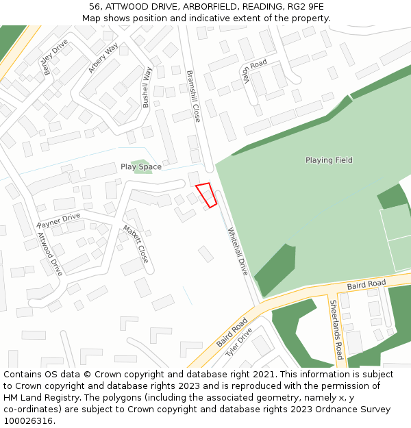 56, ATTWOOD DRIVE, ARBORFIELD, READING, RG2 9FE: Location map and indicative extent of plot