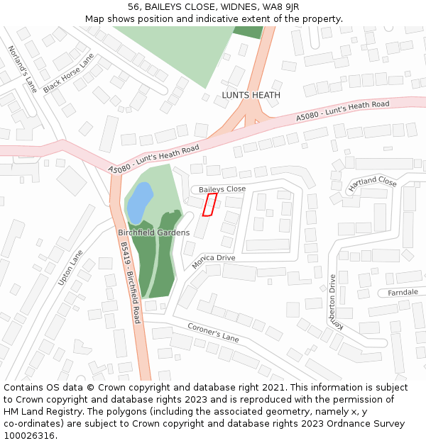 56, BAILEYS CLOSE, WIDNES, WA8 9JR: Location map and indicative extent of plot